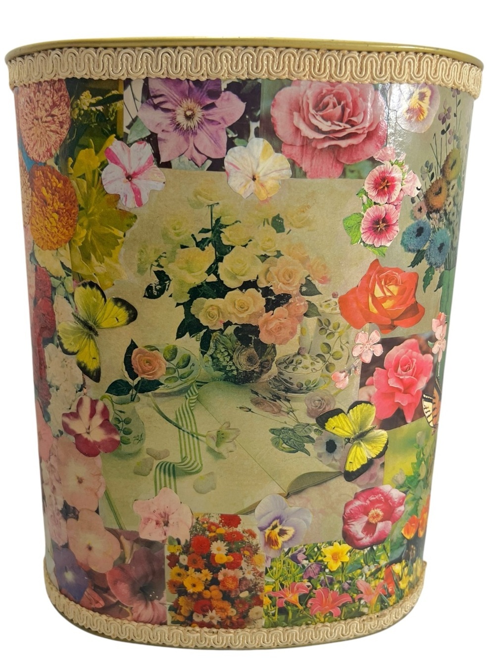 Vintage Mid Century Cheinco‎ Metal Floral decoupage trashcan